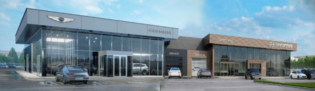 An image of a car dealership with a car parked in front, illustrating the location and available vehicles.