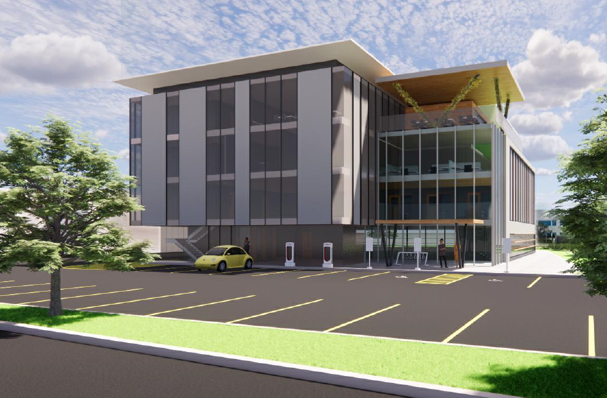 Concept art of a new building showcasing innovative design elements and surrounding greenery.