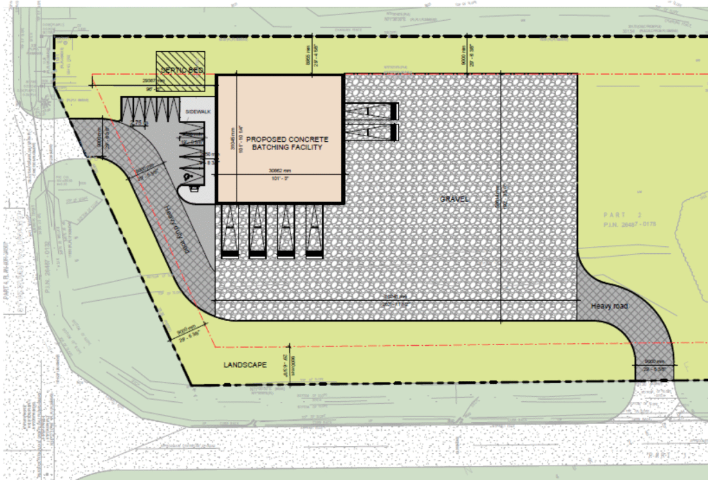 Architectural site plan illustrating the design and layout of the new building and its surroundings.