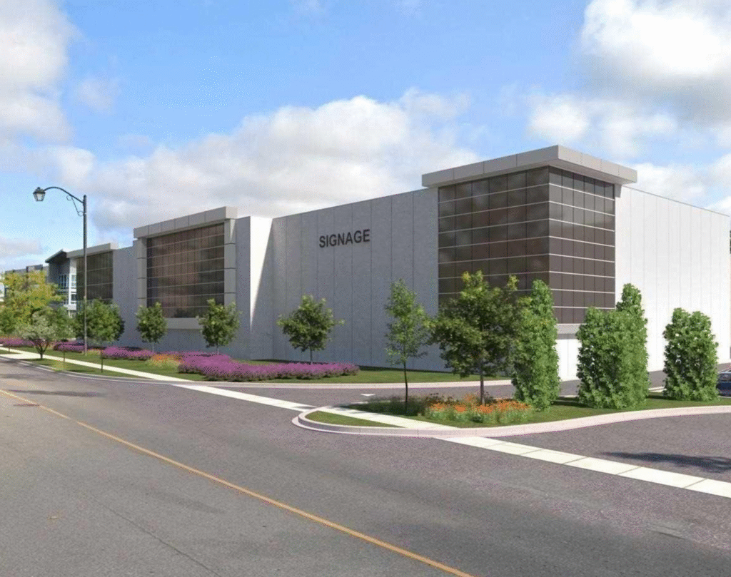 Concept art of the new building at the new site, highlighting its innovative structure and nearby features.