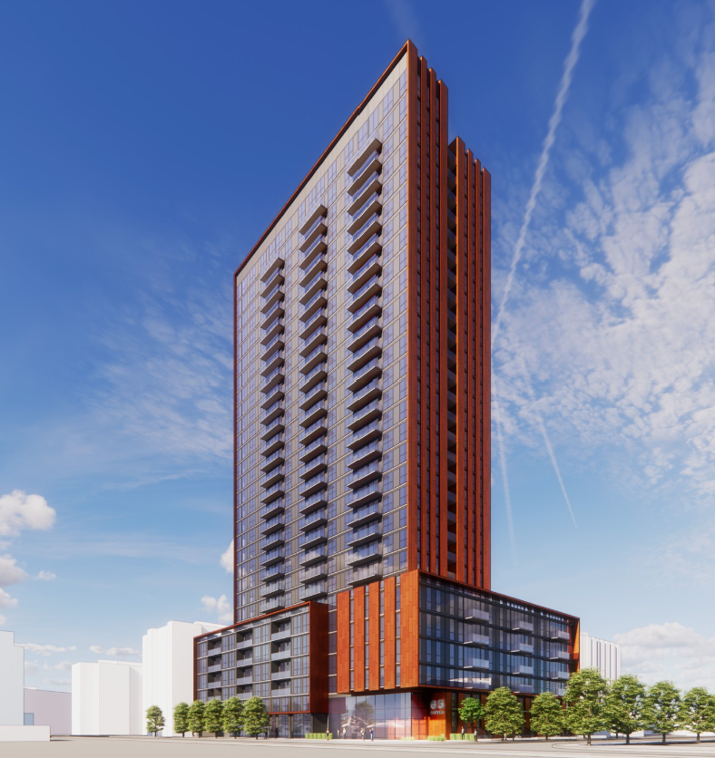 A modern tower design featuring sleek lines and contemporary architecture.