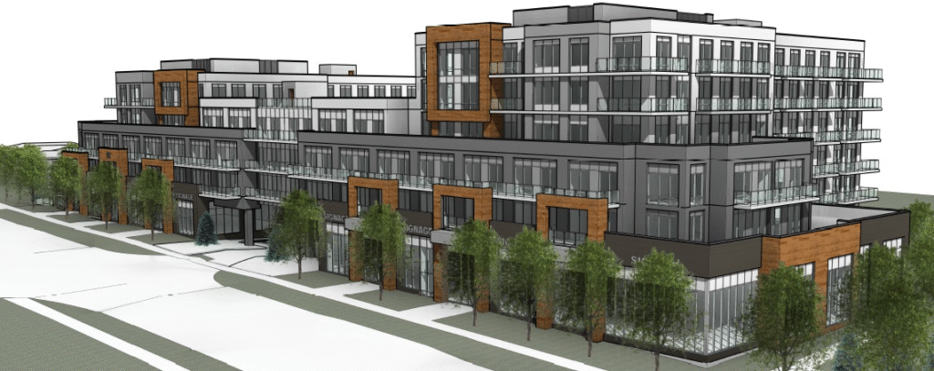 Illustration of a new development plan at a street corner, highlighting architectural features and outdoor spaces.