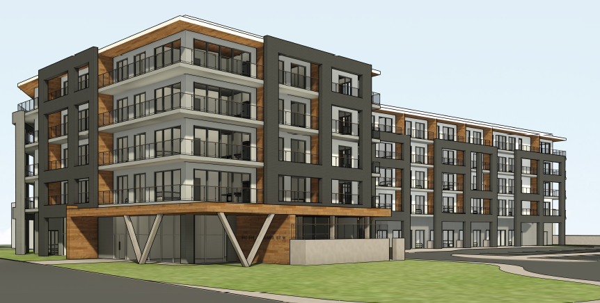 Visual representation of a new apartment building design featuring contemporary architecture and landscaping.