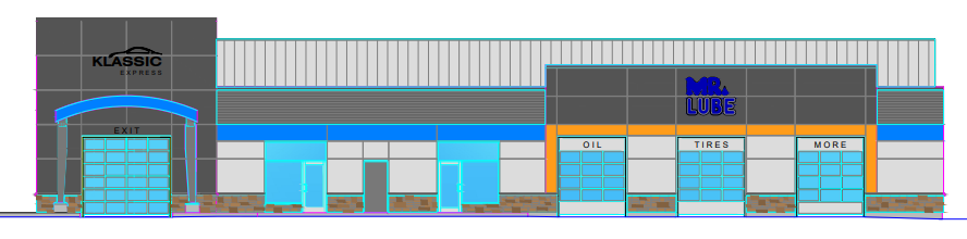 Front view rendering of a modern building with large windows and a sleek design against a clear blue sky.