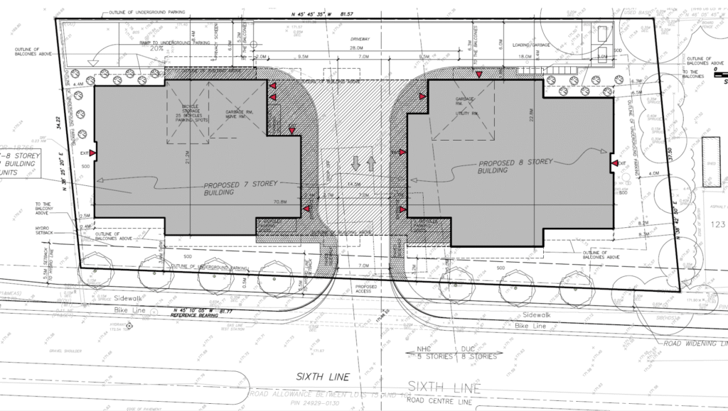 Site plan for the new building, detailing layout, entrances, and surrounding landscape features.