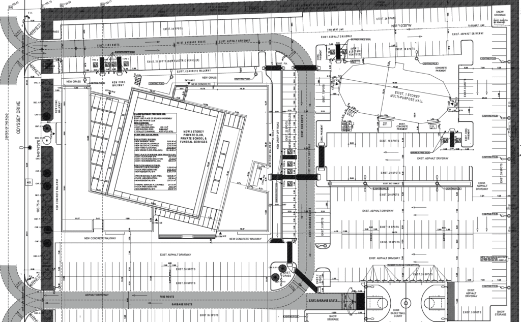 Architectural plan showing a building with a designated parking lot and a multi-level parking garage.
