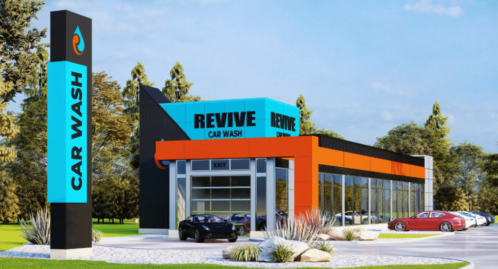 Exterior view of Revive Car Wash & Detail Center, featuring a bright sign and clean vehicles in the wash area.